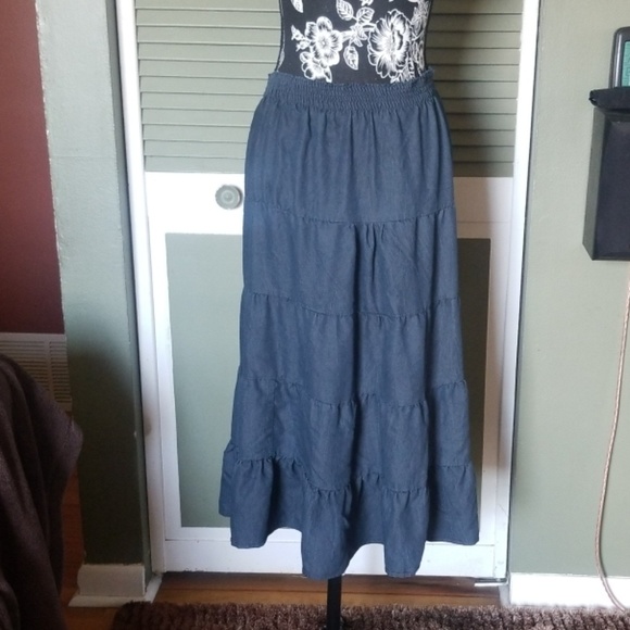 Metro Wear Dresses & Skirts - {Metro Wear} Tiered Faux Denim Maxi Skirt